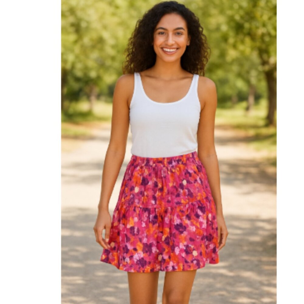 Old Navy Floral Cotton Skirt Size M Pink Orange Purple Boho Artsy Abstract Print